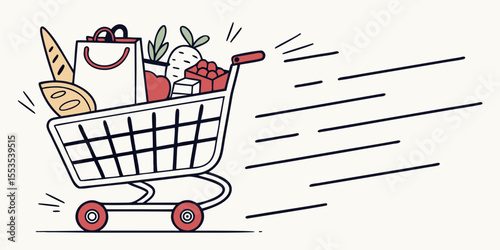 a shopping cart full of groceries moving quickly with motion lines behind it on white