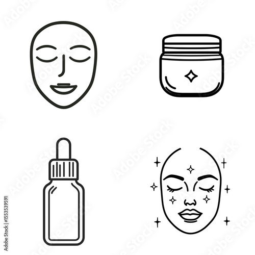 Set skincare and makeup icons in minimalist black and white style with copy space