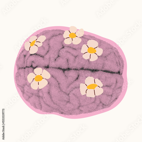 Pink brain with  flowers. Collage design elements in trendy dotted pop art style. Modern vector illustration. Idea, cognition, mind,  thinking concept. Isolated design element.