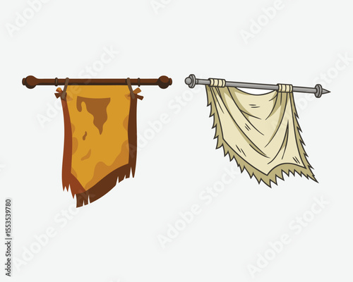 Two medieval banners hanging from poles isolated on white background.