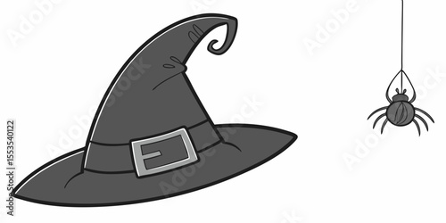 a witch hat with a buckle and a spider hanging from a string on a white background