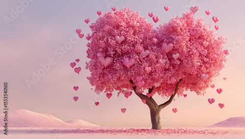 Heart-shaped pink tree with falling hearts in a soft-focus, dreamy landscape