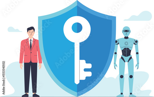 Cybersecurity Solutions Depiction Human and Robot Safeguarding Data Security Represented by a Shield and Key Symbolizing Protection Vector Illustration