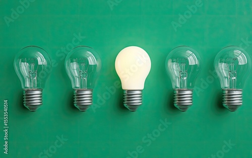 Five light bulbs, one glowing brighter (2)
