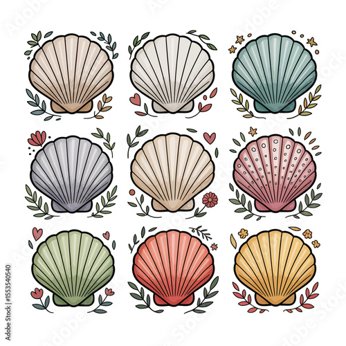 A set of twelve decorative seashells is arranged in a grid, each adorned with unique colors and surrounded by various floral and marine elements