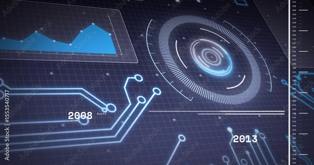 Fototapeta premium Displaying circular HUD on grid showing neon circuits, line graph and timeline markers, copy space