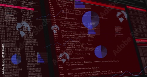 Displaying interface rendering code on console, with blue pie charts, bar graphs, redacted lists