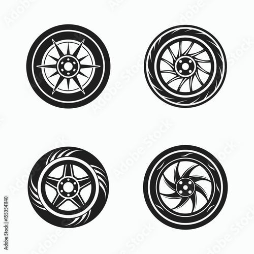race car wheel silhouette set, vector rim icon, motorsport tire symbol, black tire silhouette, performance wheel graphic