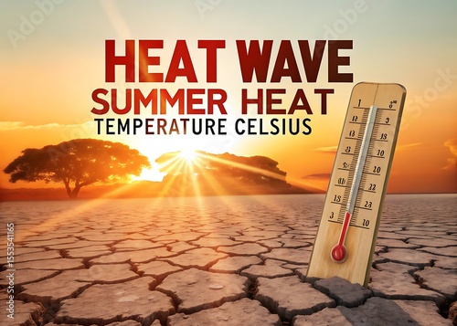 Hot weather, global climate change concept - Heat wave  Summer heat temperature celsius background banner long - Thermometer yellow orange sky and sun rays