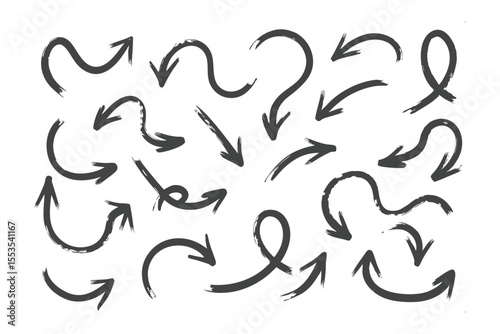 Arrow Set Collection: An assortment of hand-drawn arrows, each with unique shape and direction, forming a graphic resource for design and conceptual representation.