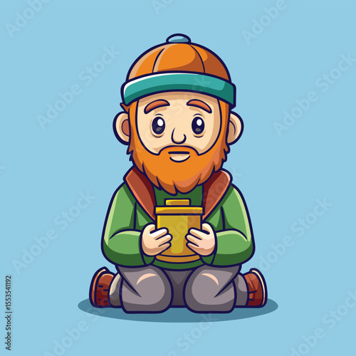 Sad Homeless Man Sitting on Street – Cartoon Vector Illustration of Poverty and Hardship