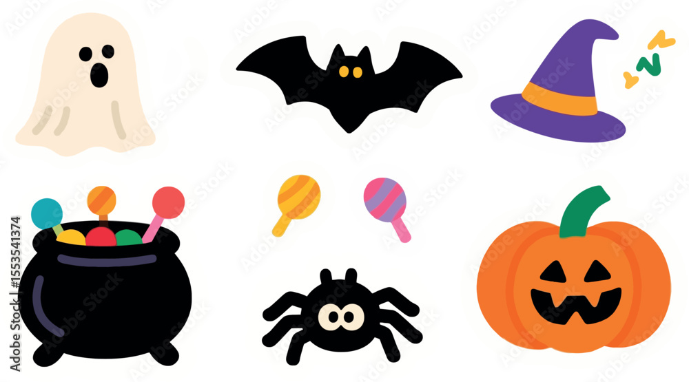 Fototapeta premium Halloween Icons Grouping Cute Illustrations Ghost Bat Witch Hat Cauldron Lollipops Spider Pumpkin Cheerful Halloween Celebration