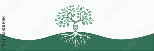 Tree of life branching with DNA on green vector background, copy space