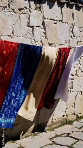 Laundry drying in the wind against a stone wall