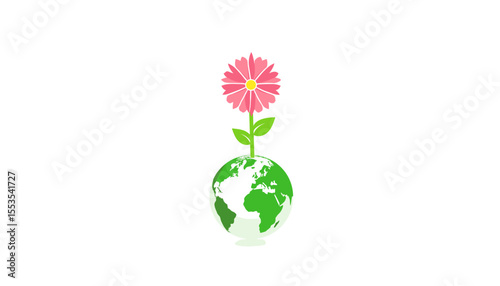 Colorful flower blooming from globe, symbolizing environmental harmony