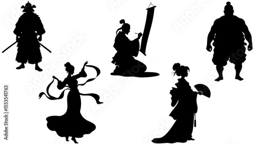 Stylish Silhouette Vector Set of Eastern Asia Cultures - Samurai, Geisha, Sumo and Traditional Elements