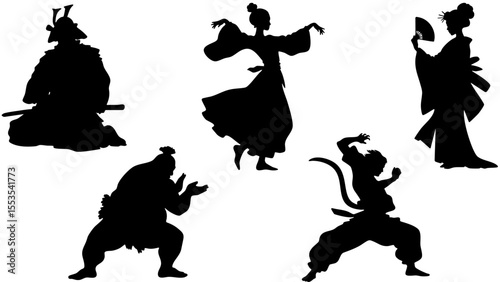 Stylish Silhouette Vector Set of Eastern Asia Cultures - Samurai, Geisha, Sumo and Traditional Attire