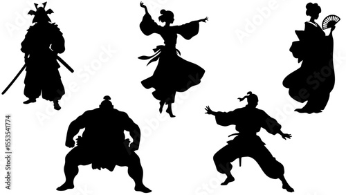 Stylish Silhouette Vector Set of Eastern Asia Cultures - Samurai, Geisha, Sumo and Traditional Costumes