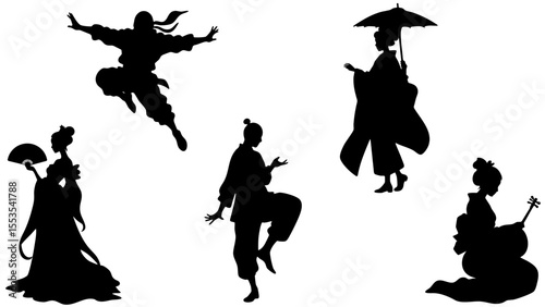 Stylish Silhouette Vector Set of Eastern Asia Cultures - Ninja, Geisha, Kungfu and Traditional Elements