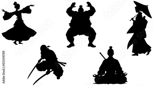 Stylish Silhouette Vector Set of Eastern Asia Cultures - Ninja, Geisha, Sumo and Traditional Characters