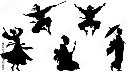 Stylish Silhouette Vector Set of Eastern Asia Cultures - Ninja, Geisha, Kungfu and Traditional Characters