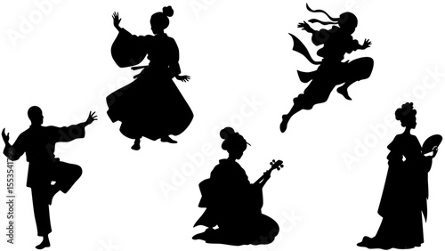 Stylish Silhouette Vector Set of Eastern Asia Cultures - Ninja, Geisha, Kungfu and Traditional Figures