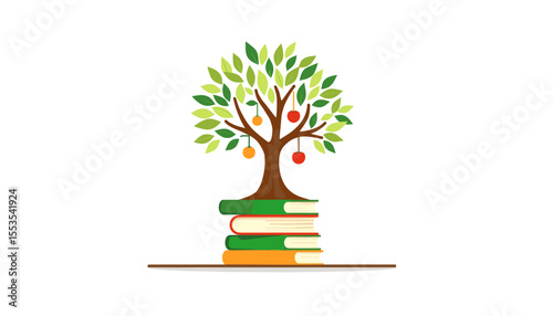 Tree of knowledge growing from stacked books, symbol of growth