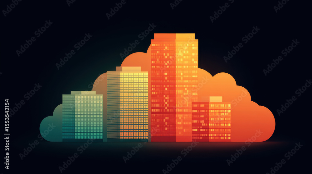Obraz premium Isometric cityscape with glowing skyscrapers and cloud silhouette in vibrant gradient colors