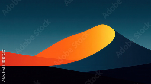 Vibrant abstract sand dune with long blue shadow under twilight sky, evoking calm serenity