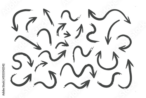 Arrow set illustration: collection of hand-drawn black arrows pointing in various directions with raw, artistic style.