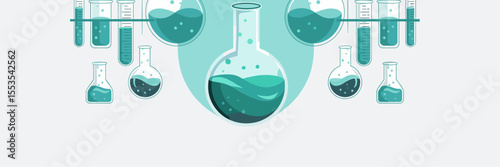 Minimal chemistry lab glassware with fluid surfaces, science vector background with copy space