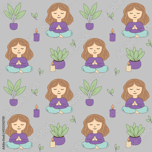 Seamless pattern with meditating girl, candles, potted plants, and green leaves on grey background. Cozy design for yoga, mindfulness, and wellness themes.