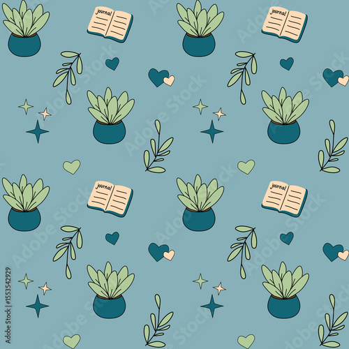 Seamless pattern with potted plants, journals, hearts, stars, and leaves on a muted blue background. Perfect for wellness, calm living, and lifestyle design.