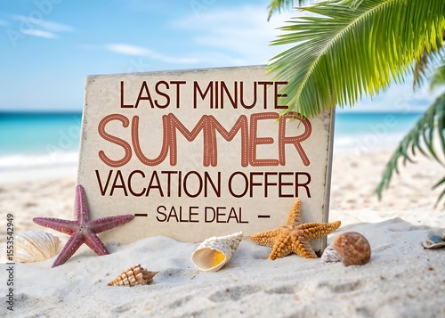last minute, summer vacation offer, sale, deal, holiday travel tourism travel agency concept background - Sign in the sand with starfish and shells on the beach with sea in the background