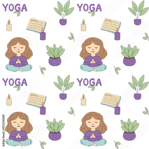 Seamless pattern with meditating girl, plants, candles, journals, and “YOGA” text. Ideal for wellness blogs, mindfulness branding, and calm lifestyle visuals.