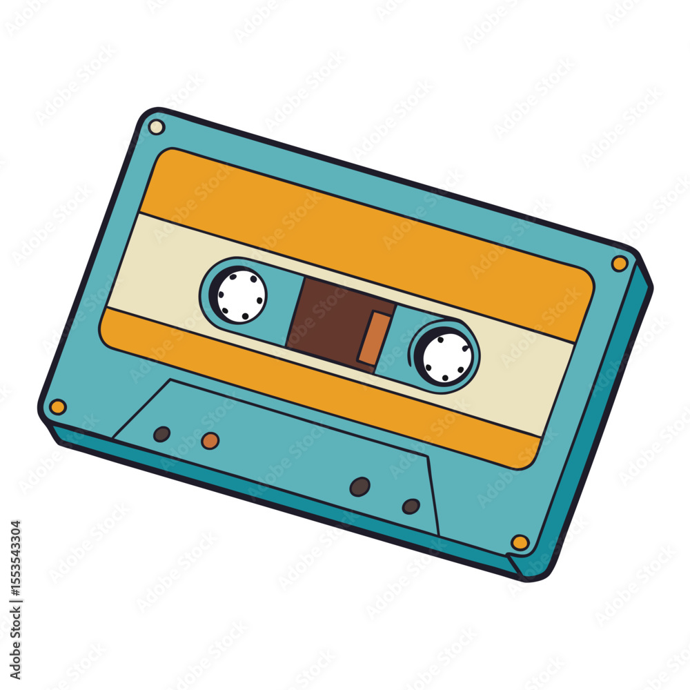 Obraz premium Retro vintage cassette tape with a clear shell, bold label, and spooled magnetic tape—evoking nostalgic vibes of classic mixtapes and analog music days. 