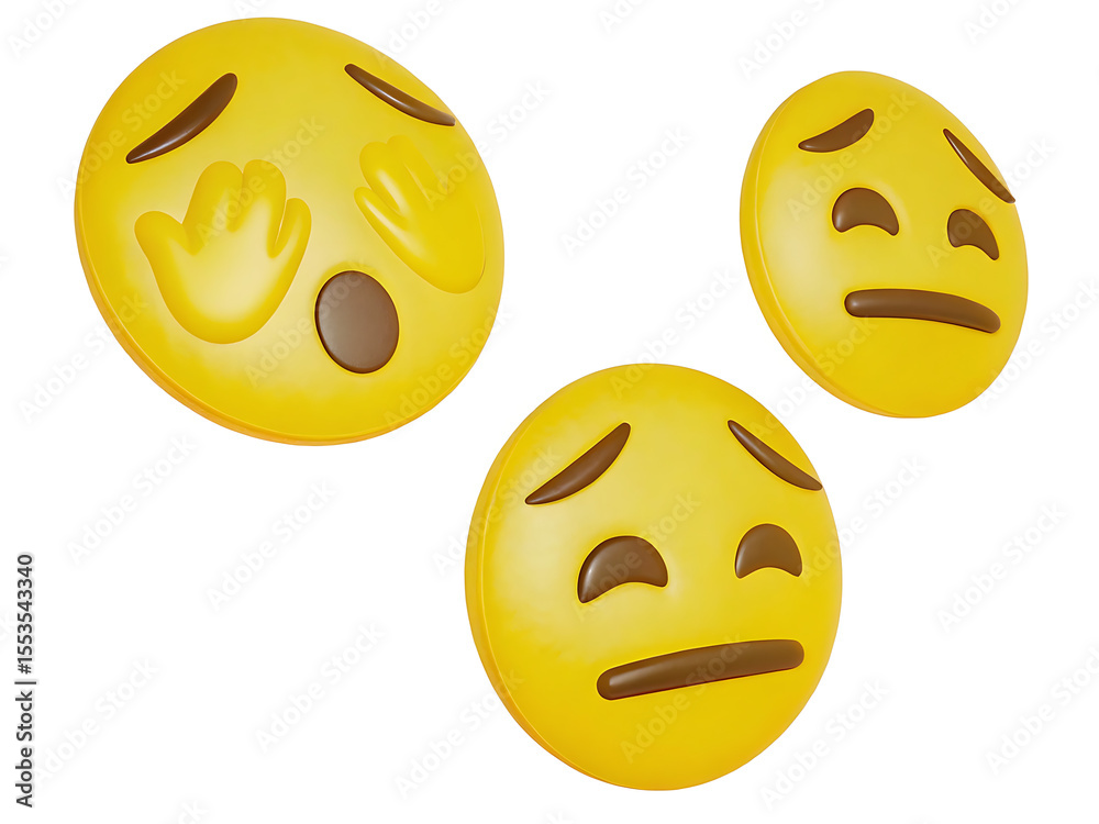 Fototapeta premium Three distressed yellow emojis showing sadness and worry isolated on white background