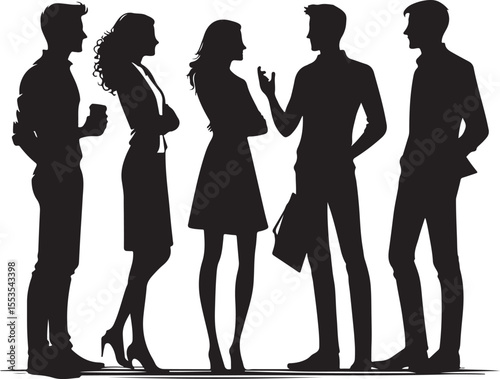 Silhouettes of business professionals engaged in lively discussion, signifying teamwork and communication, set in a minimalistic style, highlighting collaboration and professionalism.