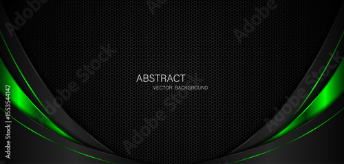 Abstract black and green curves on dark steel mesh background with free space for design. modern technology innovation concept background