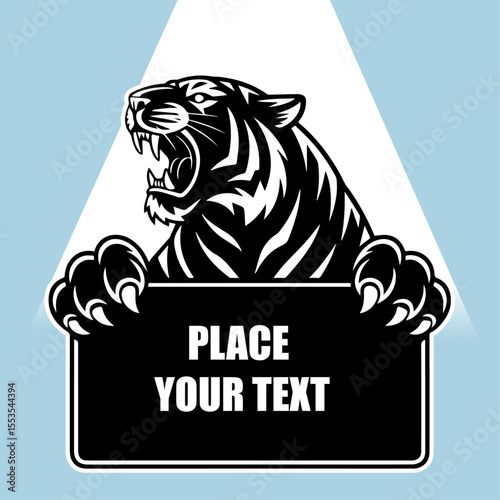 Roaring tiger silhouette gripping a blank signboard with space for your message — ideal for bold logos, gym branding, t-shirts, or DIY cutting projects.