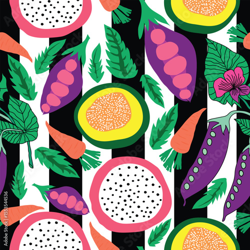 pitaya, papaya, carrots, green leaves, purple peas and vertical black stripes seamless pattern. vegetables, fruits placed on black stripes seamless pattern. Good for tiles, fabric, textile, decoration
