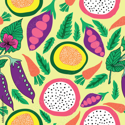 purple snap peas, carrots, pitaya, papaya and simple leaves on yellow background seamless pattern. vegetable garden seamless pattern. Good for fabric, textile, decoration, wrapping paper and more.