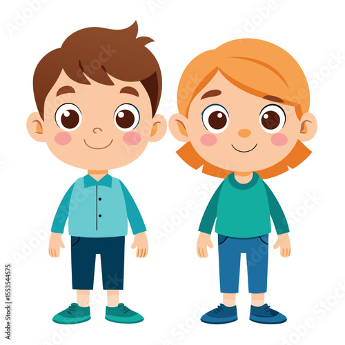Two happy cartoon children standing on a white background. The boy has spiky brown hair, light skin, brown eyes, and wears a light blue collared shirt, dark blue shorts, and teal shoes.