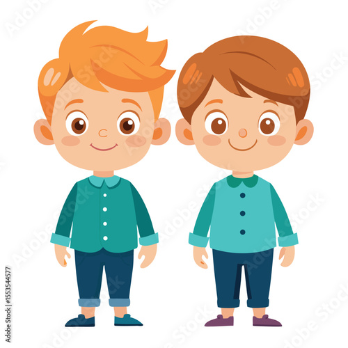 Two cartoon boys stand side by side. The boy on the left has orange hair and wears a teal shirt with blue pants. The boy on the right has brown hair and wears a light blue shirt with blue pants.