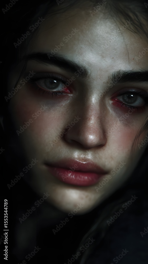 Fototapeta premium A pensive woman with a vulnerable expression after an emotional moment