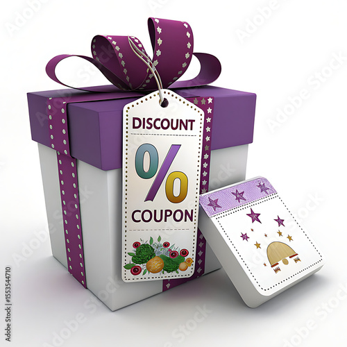 Purple ribbon gift box with discount coupon and stars tag isolated on white background
