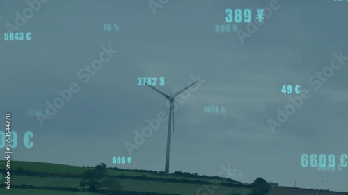 Overlaying data starting wind turbine blades rotating and numbers fluctuating to show metrics