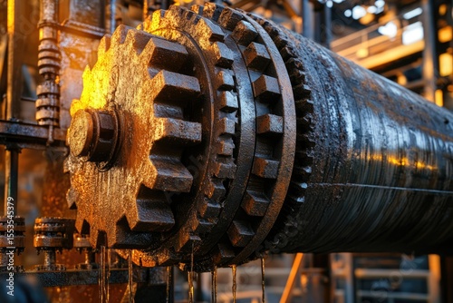 Close-up of an aged, oil-stained industrial gear mechanism, dripping with viscous substance.