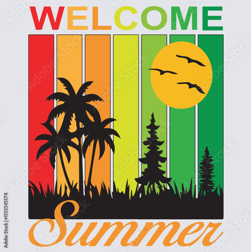 summer t shirt design silhouette vector art illustration, vector illustration of a summer background, topical beach white background