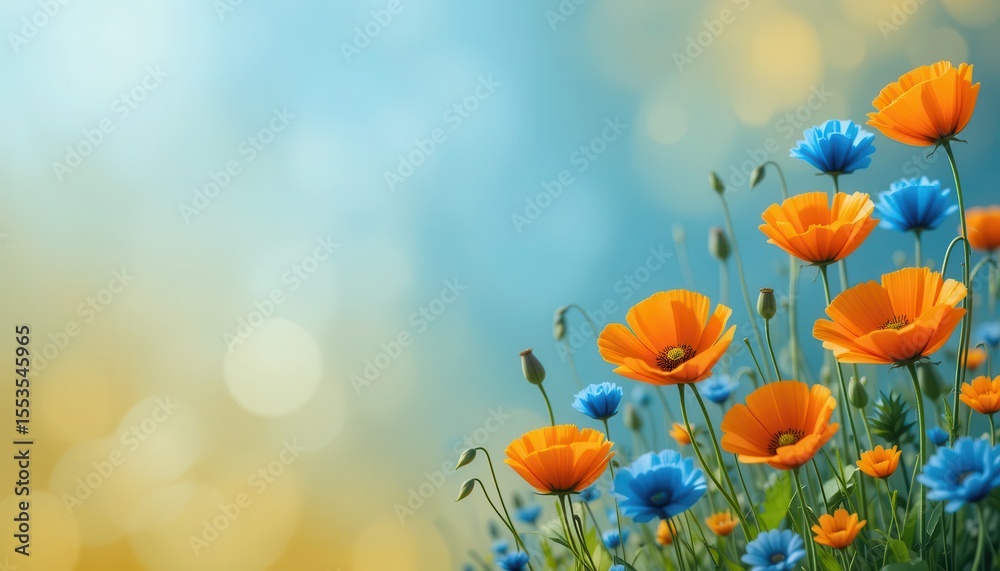 Fototapeta premium Vibrant Floral Display of Orange and Blue Poppies in a Serene Natural Setting